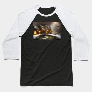 Magical Fantasy House with Lights in a Snowy Scene, Fantasy Cottagecore artwork Baseball T-Shirt